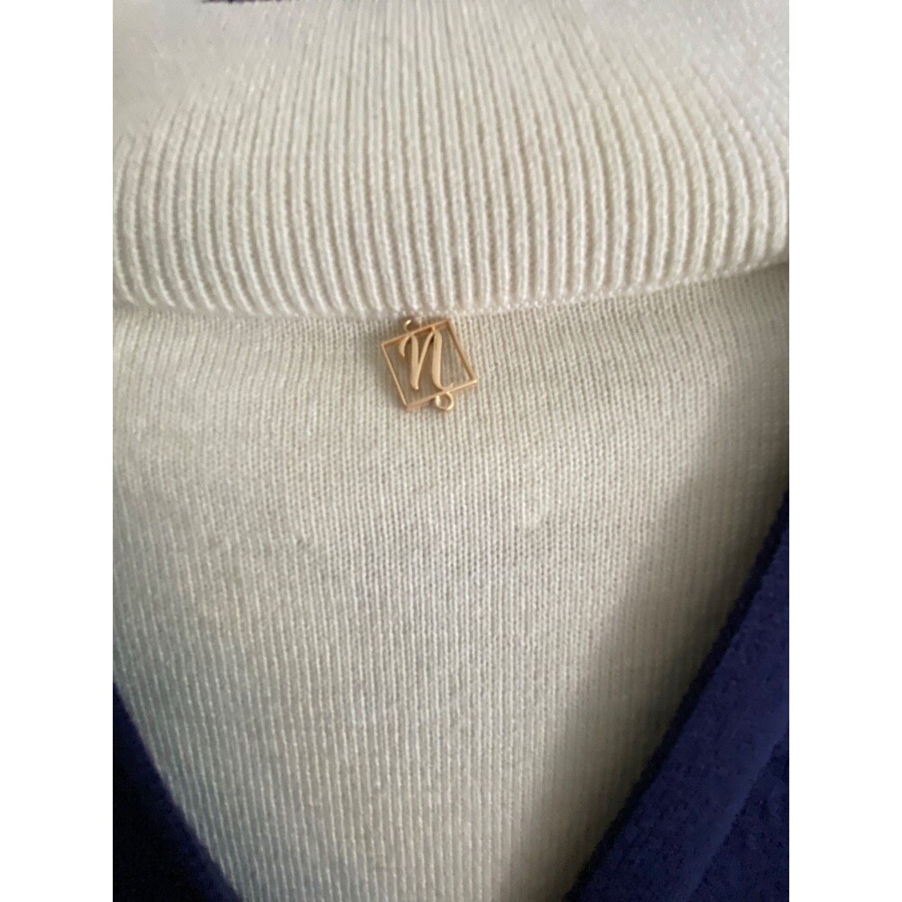 Noir Noir Navy Wool Cardigan with Built-in Cream Mock Neck. Reverse Button Back. - Picture 14 of 14